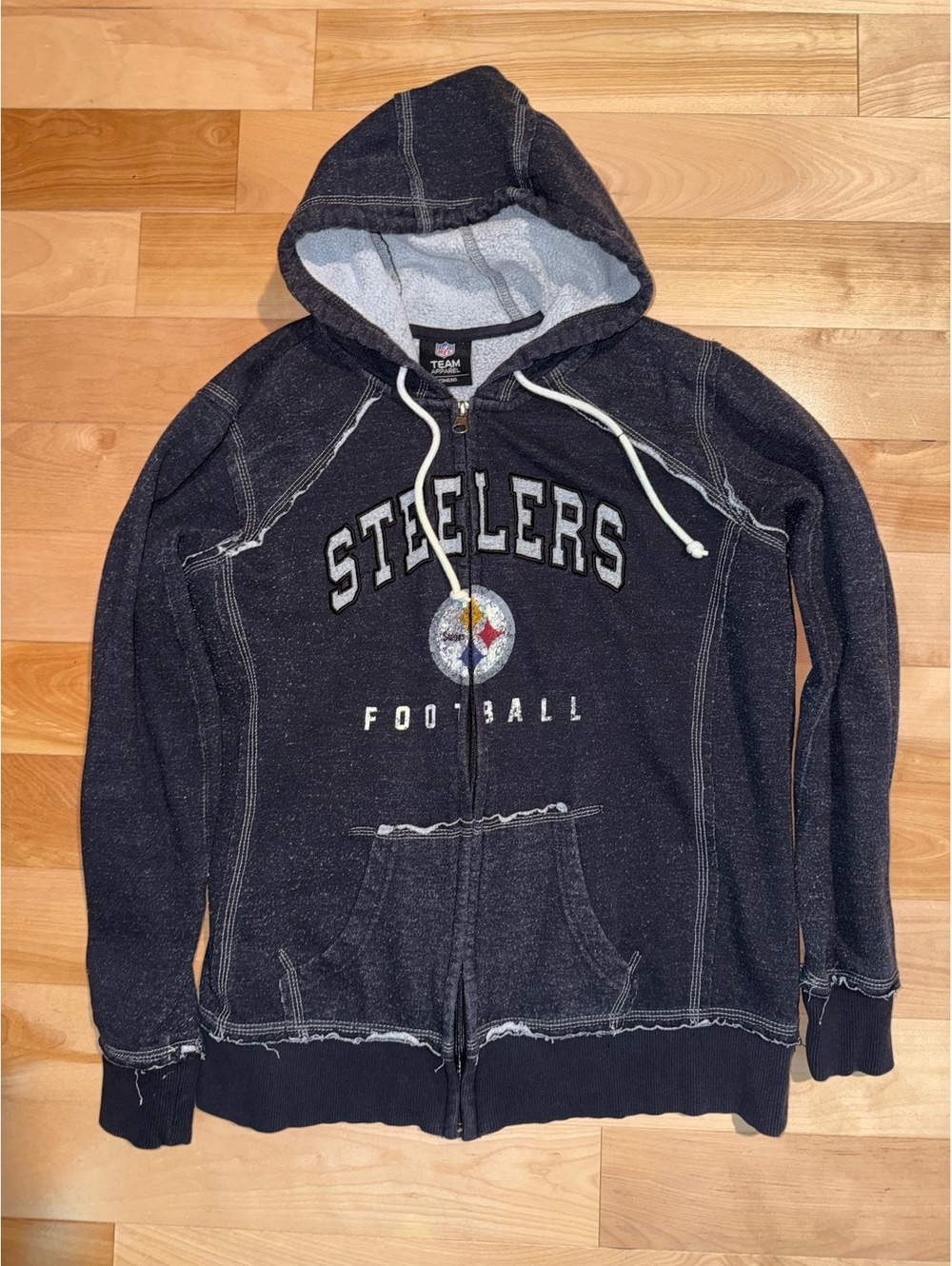 Women's NFL Team Apparel Pittsburgh Steelers Distressed Zip Hoodie Black Gray